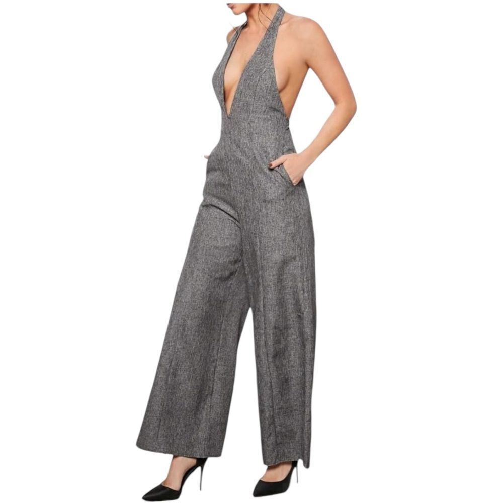 SheinX Plunging Neck Halter Wide Leg Long Jumpsuit Backless Jumpsuit Size Large